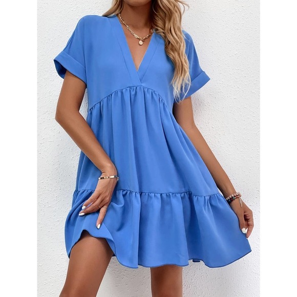 Roll Cuff short sleeve Ruffle Hem mini Dress black - Picture 6 of 11